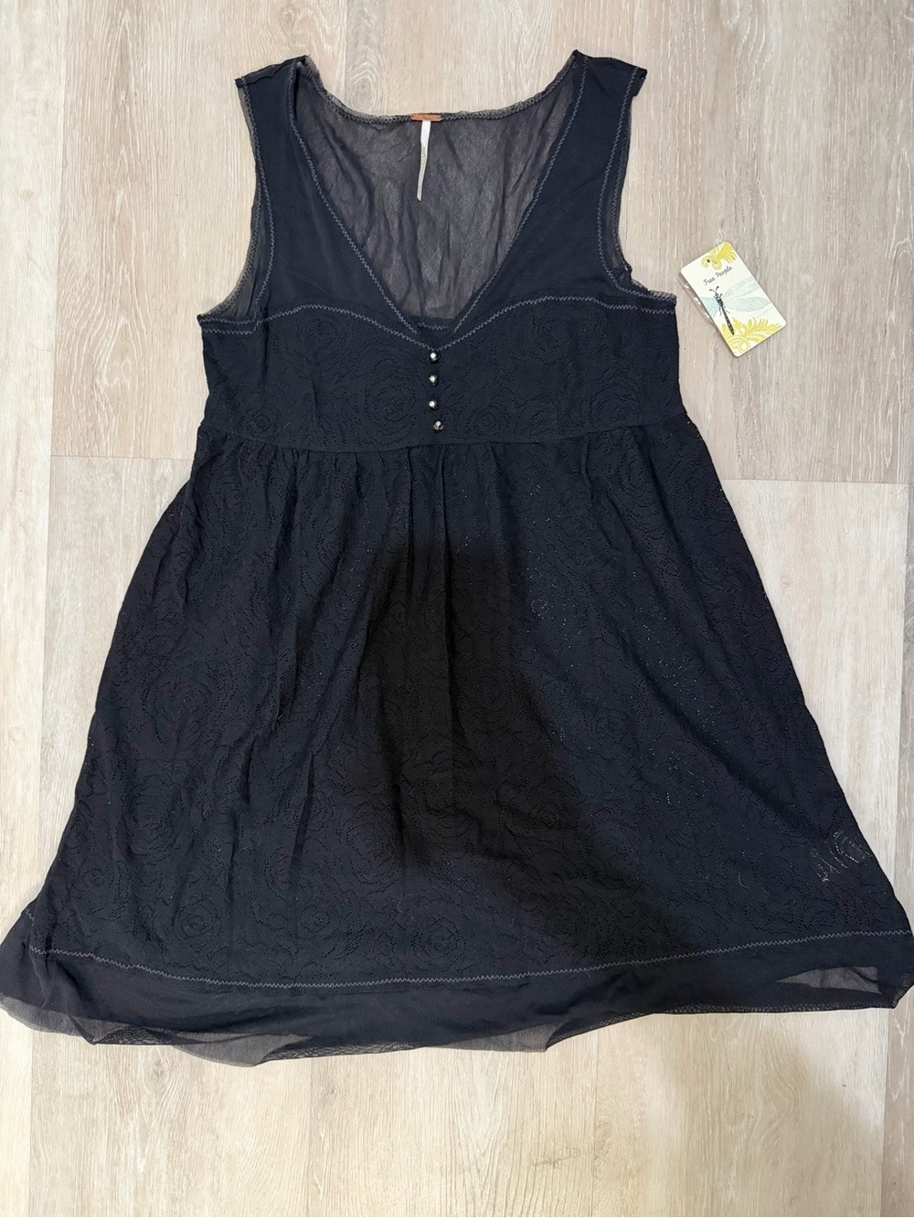 Free People Black Lace Sheer V-Neck Babydoll Dress NWT